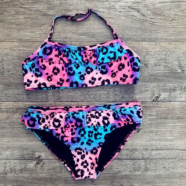 

2019 new summer bathing suit children baby girl leopard ruched bikini set swimwear swimsuit bathing clothes beachwear, White