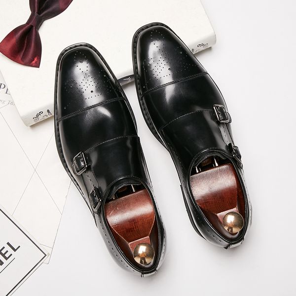 

zsauan handmade new british brogue formal business shoes genuine leather wedding barbe men monk strap dress shoes elegant, Black