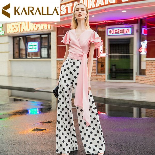 

summer new slim chiffon two-piece sets 2019 fashionable women slim waist flounce + dots print wide leg trousers c1339, White