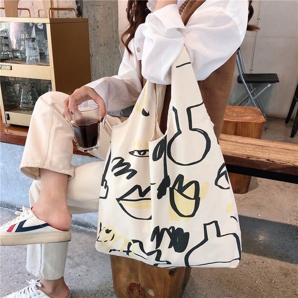 

women shopping bags female canvas graffiti cloth shoulder bags environmental storage handbag reusable foldable eco grocery totes t200408