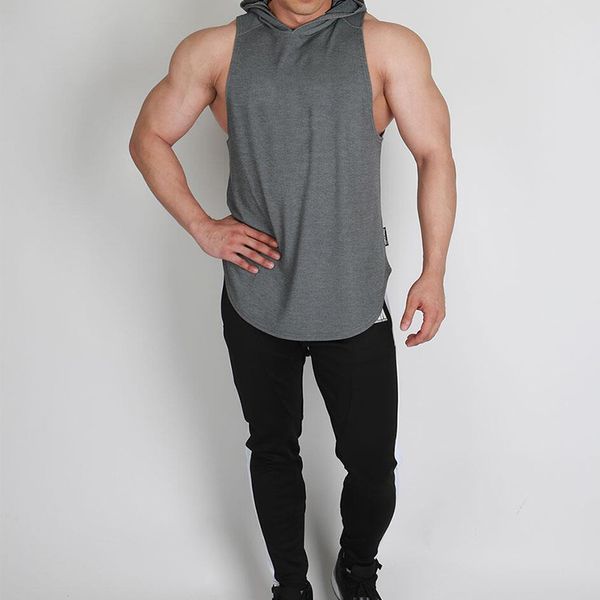 

summer white tank cotton gym sport tank men hooded workout fitness clothing vest bodybuilding singlet men sleeveless, White;black