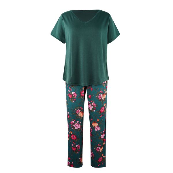 

solid short sleeve t-shirt +floral print full length pants pajamas sets for women spring summer ladies sleepwear pajamas, Blue;gray