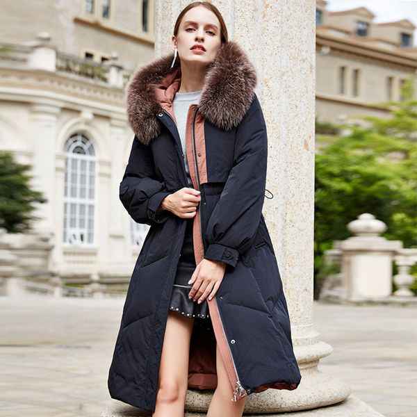 

real natural fur collar 2020 long down parka women's winter long duck down jacket women hooded female warm thick long slim coat, Black