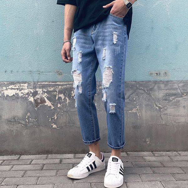 

summer new jeans men fashion torn hole straight casual denim pants man streetwear hip hop loose cowboy trousers male clothes, Blue