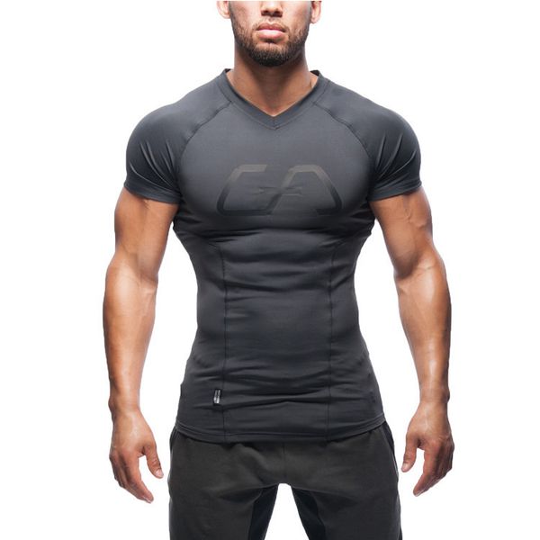 

muscle fitness brothers tight spring and summer men sports elastic short sleeve v-neck cross border breathable running quick dry, White;black