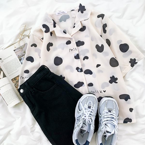 

zcwxm sweet cow print women bluses chiffon shirts kawaii 2020 summer blusas mujer letters notched neck ladies new, White