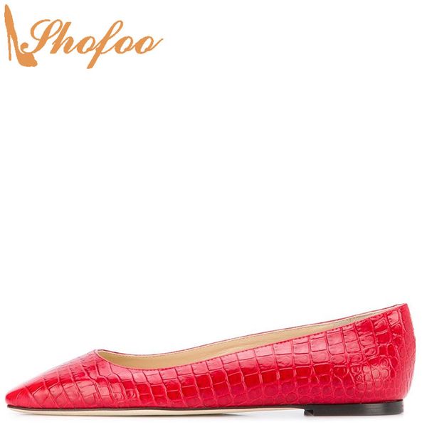 

red crocodile embossed woman flats square toe slip on female large size 12 15 ladies summer fashion office mature shoes shofoo, Black