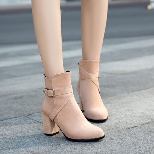

big size 11 12 13 14 15 16 17 18 19 suede shoes round head rough heel high heel lateral zipper belt buckle boots, Black