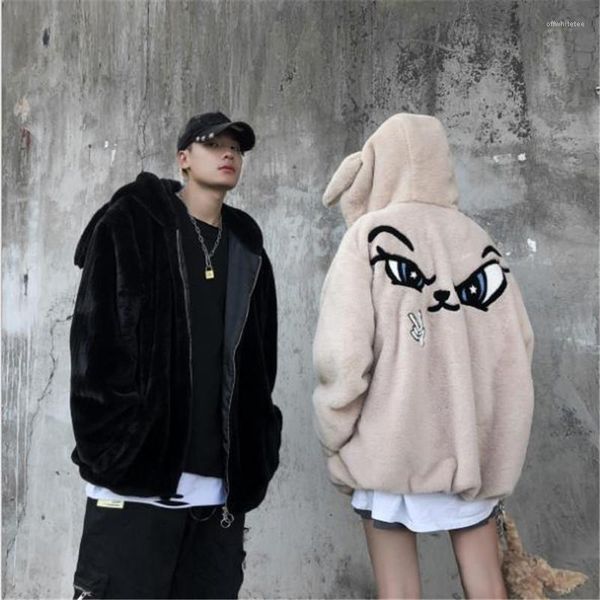 

зимние пальто сплошной цвет кроличьи уши emoji вышивка свободные длинные рукава с капюшоном пальто мода пара пальто плюшевые мужские дизайне, Black