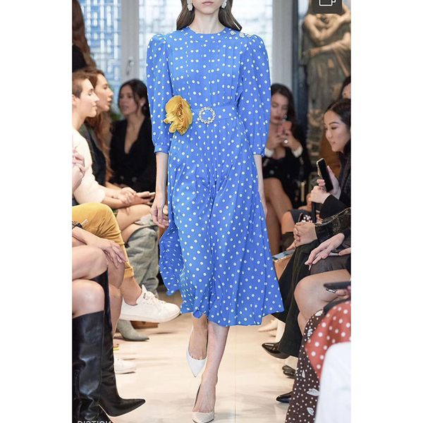 

blue dot print dress silk women's round neck belt pleated middle sleeve elegant dress long dress2020 spring summer, Black;gray