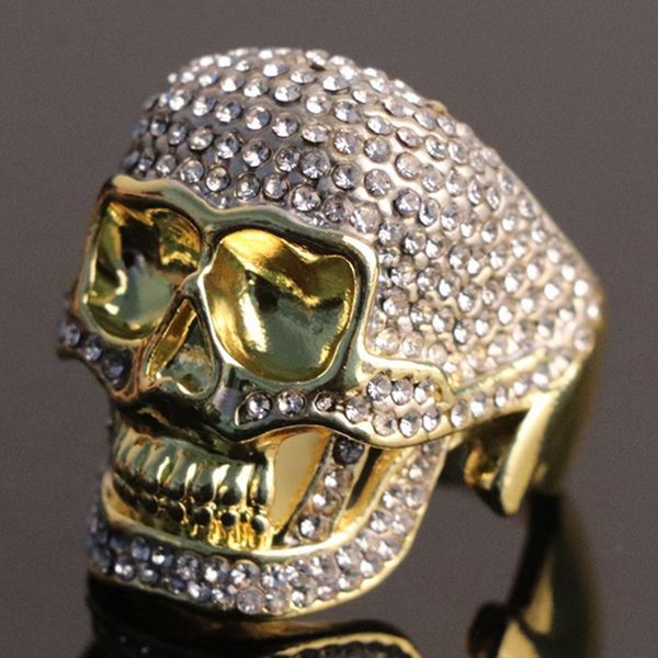 

multicolor gothic punk skull rings vintage crystal zircon skull rings for men punk retro rock locomotives biker jewelry gift, Golden;silver