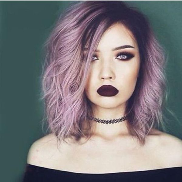 European And American Women Oblique Bangs In The Purple Curly Hair