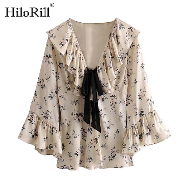 

elegant floral print blouse women flare long sleeve ruffle blouses 2020 bow tie collar vintage chic shirt ladies casual, White