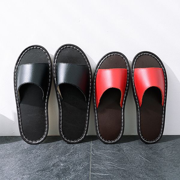 

eoeodoit home floor slippers open toe summer leather flat heel anti skid men women lovers family bedroom carpet house shoes, Black