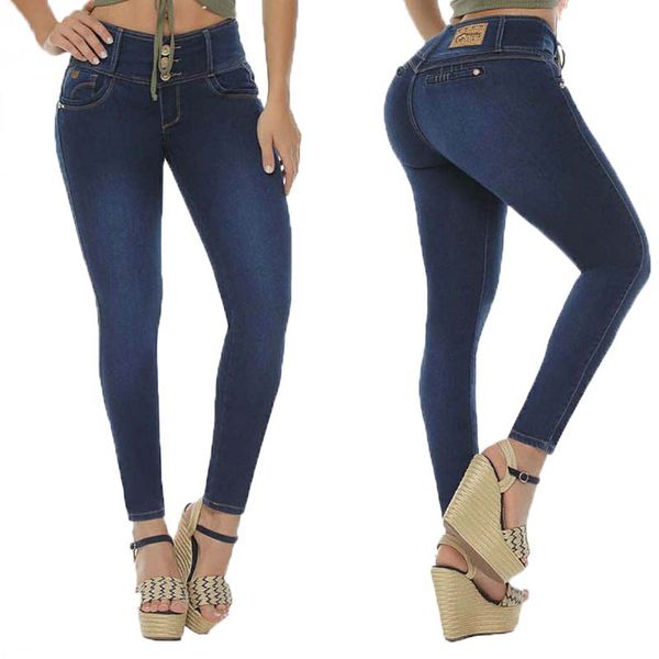 

women fashion high waist denim jeans ladies skinny pencil pants plus size slim jeans, Blue