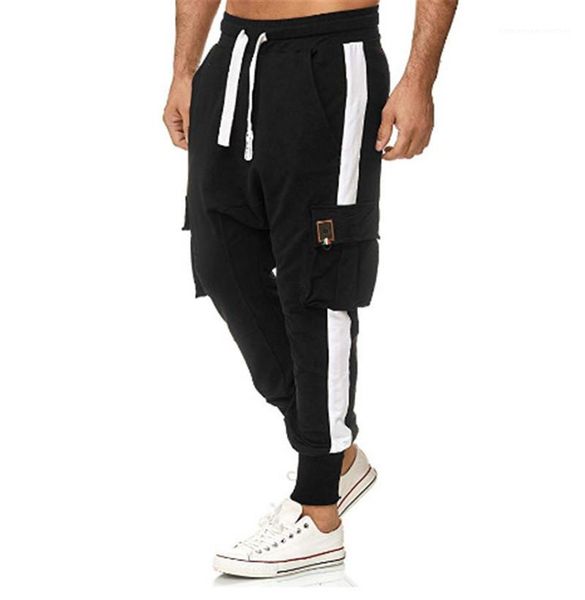 

mens color matching overalls casual loose mid waist pocket feet pants male fashion style pants, Black