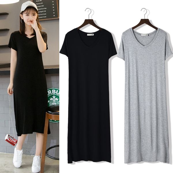 

women 2020 new v-neck base small black summer slim modal dress, Black;gray