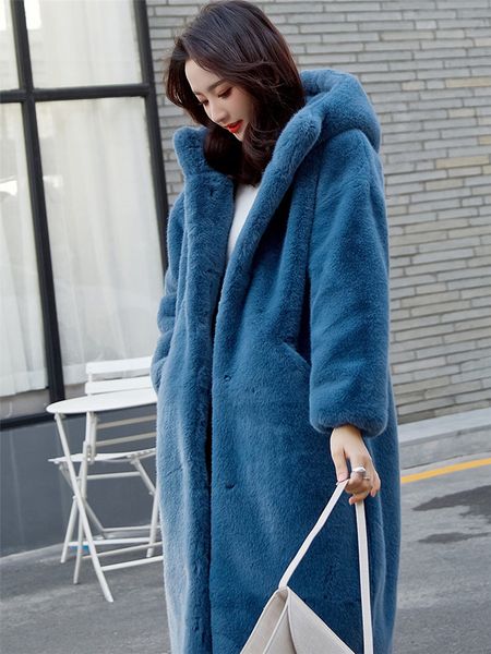 

autumn winter mink women faux fur coat clothing large size korean furry coat streetwear hooded loose thick warm long f1997, Black