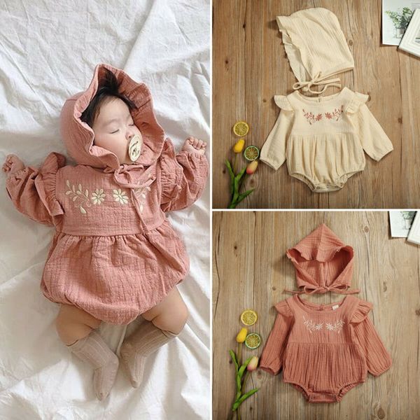

newborn baby girl cotton&linen outfit set embroidery romper bodysuit jumpsuit 0-24 months, White