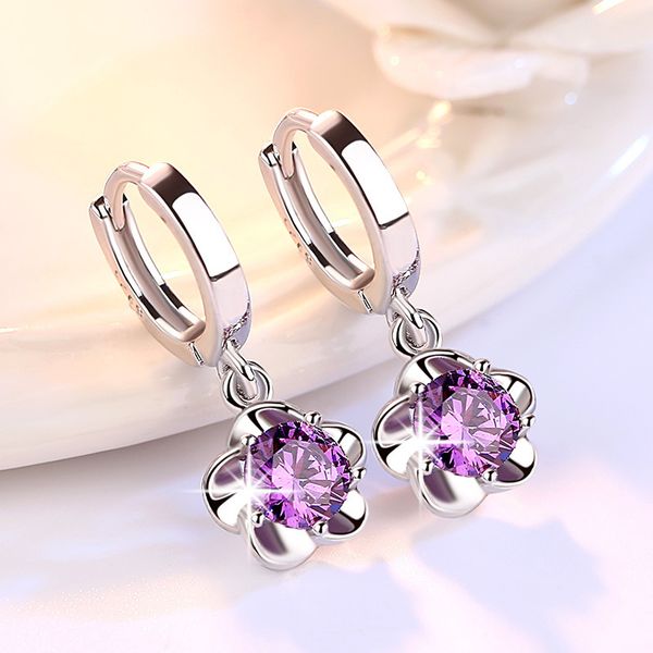 

plum blossom peony flower purple red crystal silver earrings hoop jwelry for women hoop earrings oorringen zilver, Golden