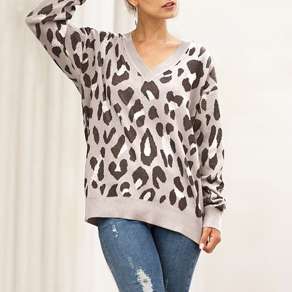 

women's sweaters swqzvt plus size 3 color leopard v-neck sweater women autumn winter fashion long sleeve knit clothes, White;black