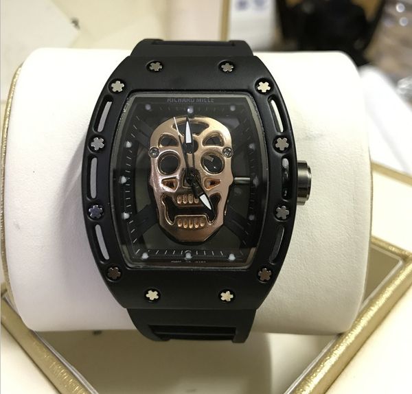 

army skull rectangle dial face with stars hollow watch rubber strap casual quartz watches relogio masculino, Slivery;brown