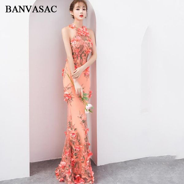 

banvasac 2018 halter lace flowers appliques mermaid long evening dresses off the shoulder backless party prom gowns, White;black