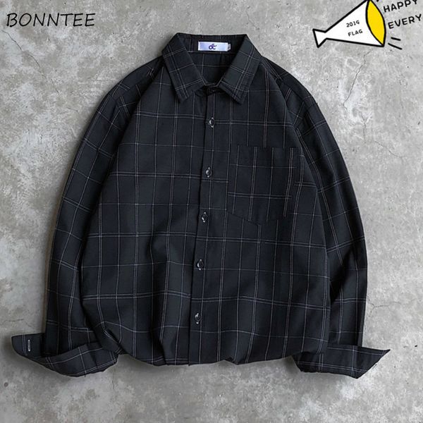 

men shirts plaid chic summer long sleeve leisure large size loose mens korean style ins streetwear trendy ulzzang harajuku thin, White;black
