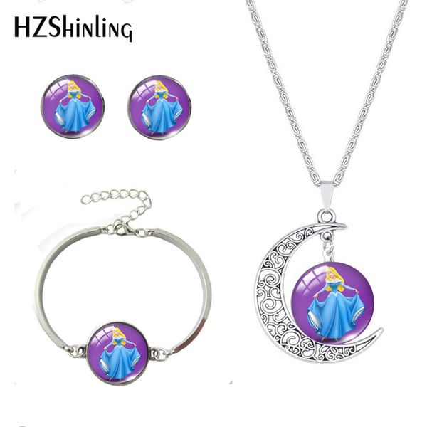 

2020 new fashion cartoon sleeping beauty necklace bracelet earrings jewelry glass cabochon pendants beautiful girls, Slivery;golden