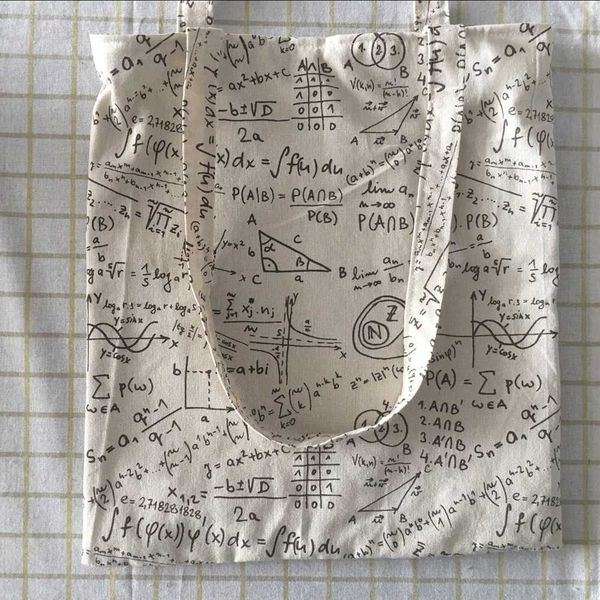 

yile cotton linen eco shopping tote shoulder book bag algebra expression black or brown 526b