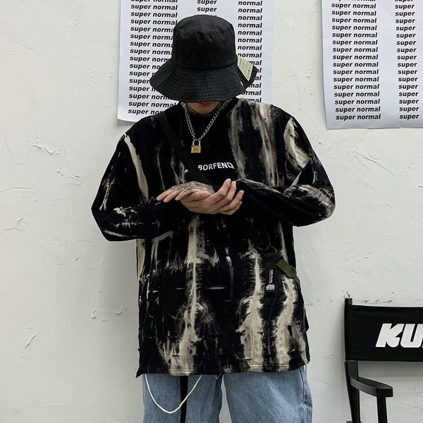 

tie dye crewneck sweatshirt men black loose ripped sweatshirt