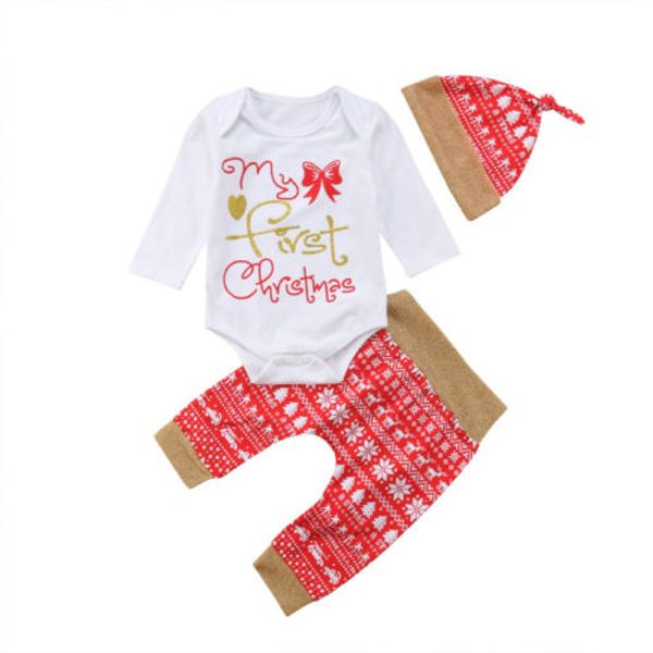 

autumn new arrival baby clothing set christmas newborn baby boys girls print romper pants hat outfits clothes, Pink;blue