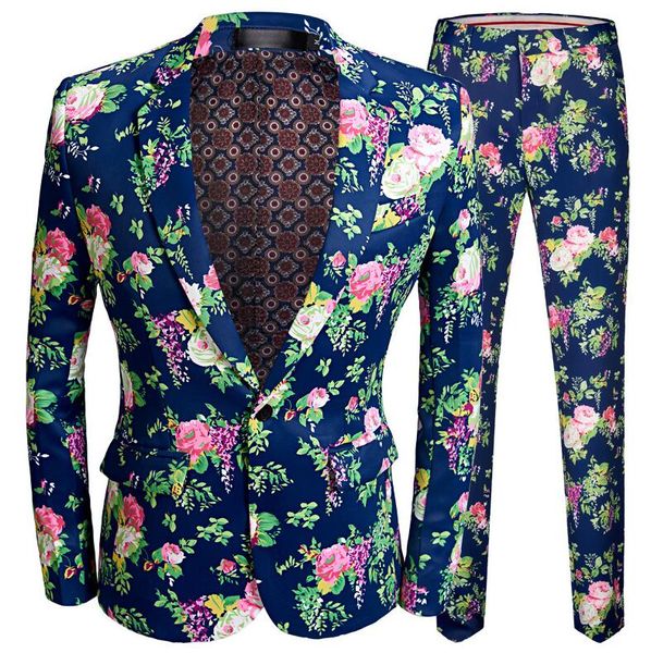 

new men's floral printed suits slim fit party suits 2 pieces jacket & pant blazers men performance, White;black