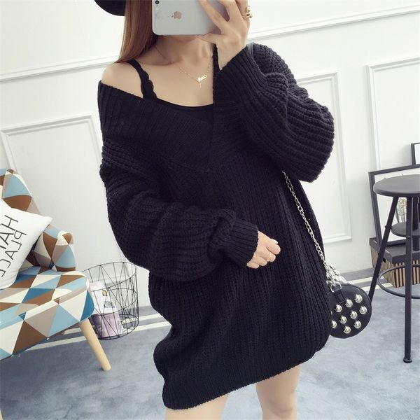 

new style korean style women sweater v neck loose knitted pullover big size women winter jumper, White;black
