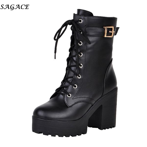 

sagace 2019 winter women ankle boots fashion high heel leather boot thick bottom lace-up women's shoes para mulheres #35, Black