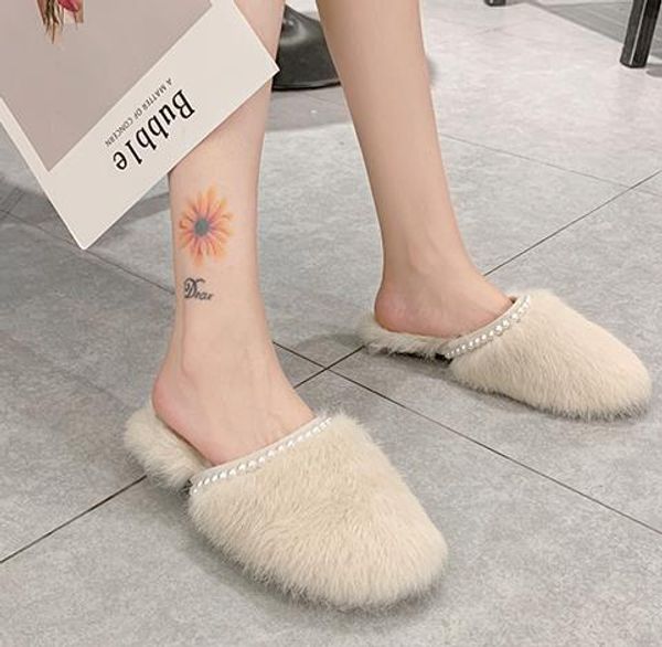 

fleece slippers fashion 2019 autumn and winter new net red ins super fire flat bottom baotou lazy half drag women, Black