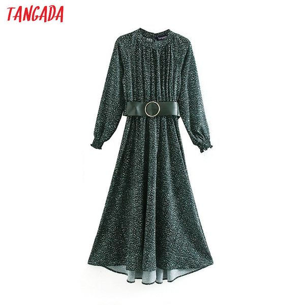 

tangada fashion women green dots print dress with belt stand collar long sleeve ladies loose midi dress vestidos xn16, Black;gray