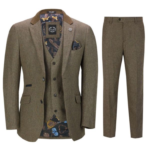 

2020 vintage mens suits wool tweed 3-piece brown khaki herringbone suit custom made harringbone groom wear wedding tuxedos three pieces, Black;gray