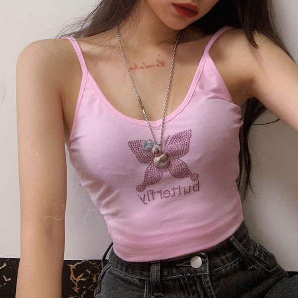 

women's tanks & camis artificial bright diamond bodycon cotton spaghetti strap woman simple street leisure tank harajuku basic camisole, White