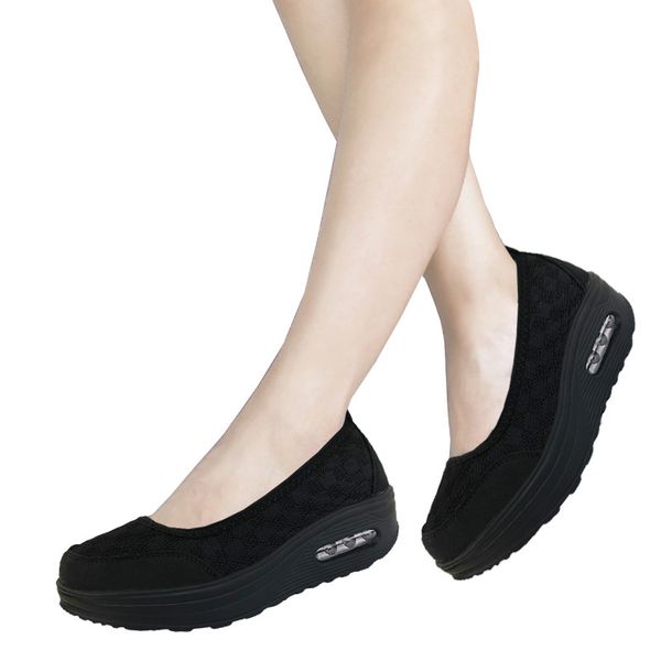 

summer women platform shoes woman flat casual pleat heel shoes lady slip on mesh comfort plain black dames schoenen