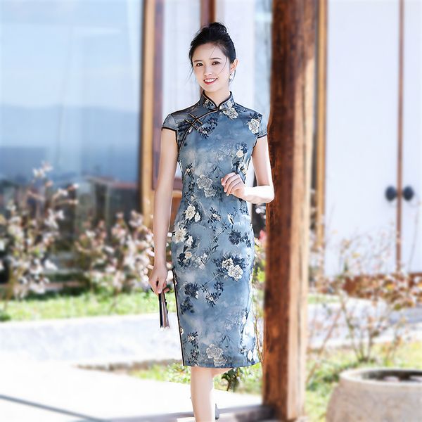 

sheng coco ladies elegant cheongsam dress silk chinese style dress robe oriental vestido mandarin vintage collar flower qipao, Red