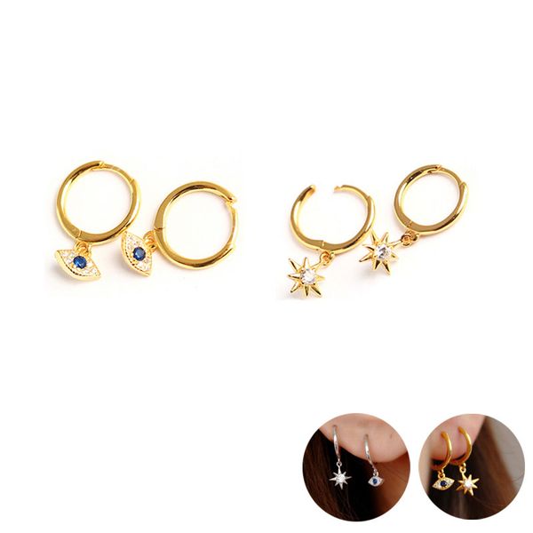 

real 925 sterling silver small hoop earrings with pendant zirconia star evil eye pendants earing vintage gold earring 1pair, Golden;silver