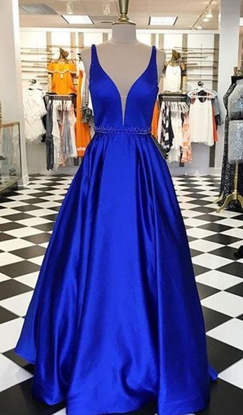 

royal blue prom dresses long deep v neck beading sequins ribbon satin princess evening celebrity party formal dress gown, Black