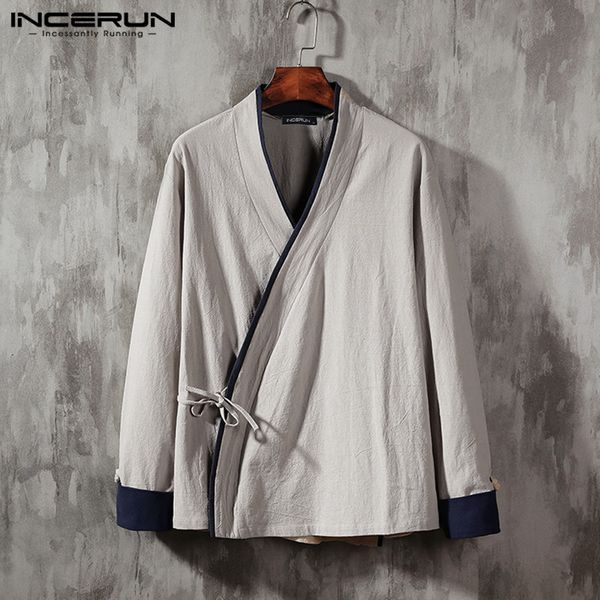

incerun men shirt chinese style long sleeve patchwork v neck cotton casual vintage shirts men 2019 retro hanfu, White;black