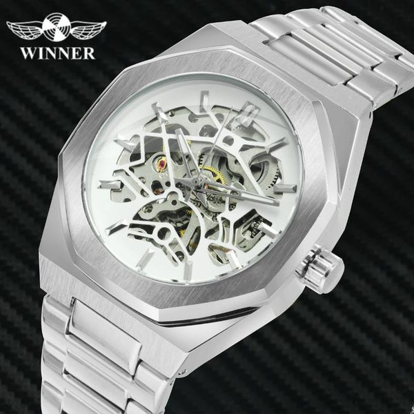 

winner official casual watch men automatic mechanical wrist watches stainless steel strap fashion chic, Slivery;brown