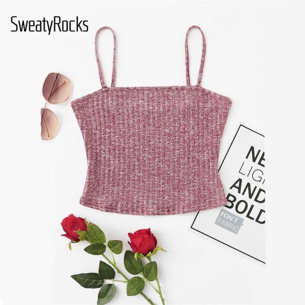 

sweatyrocks rib knit marled cami burgundy casual plain woman spaghetti strap slim fit crop camisole, White