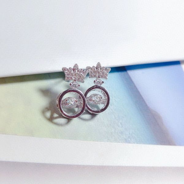 

fashion solid 925 sterling silver shining zircon crown beating heart earrings for women lover girlfriend jewelry gift, Golden;silver