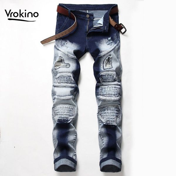 

2019 new slim shredded jeans men's fashion hip hop stretch cotton jeans casual men's motorcycle hip hop trousers, Blue