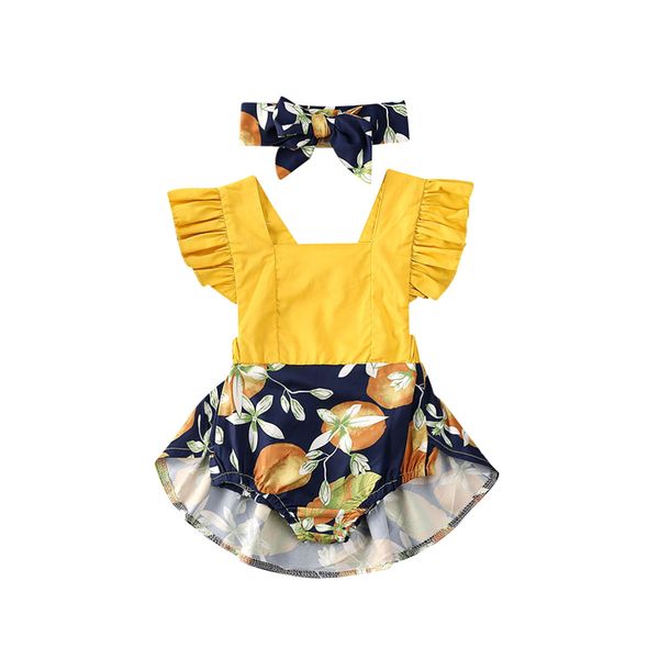 

2020 summer clothing infant baby girl lemon romper dress ruffle jumpsuit headband outfit newborn summer clothing 0-24m, Blue