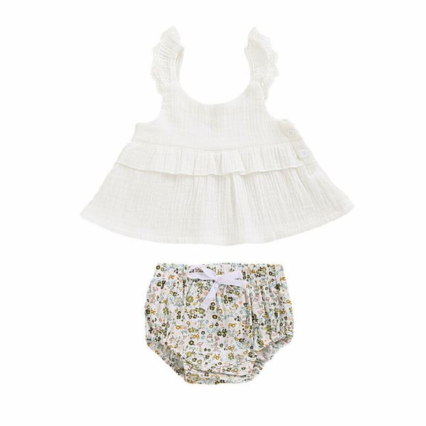 

2020 baby summer clothing newborn baby girl clothes princess cotton linen dress+floral shorts outfits set 0-18m, White